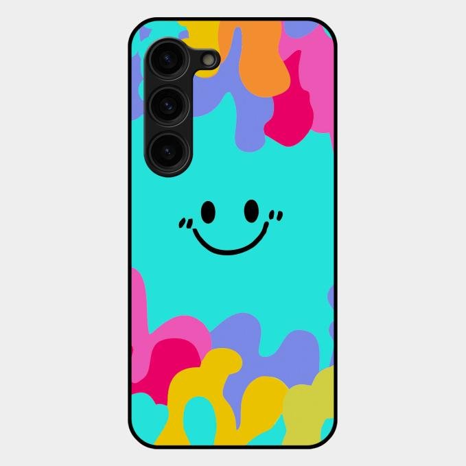 Cute Blue Smiley Multicolor Glass Case For Samsung Galaxy S23 Plus 5G