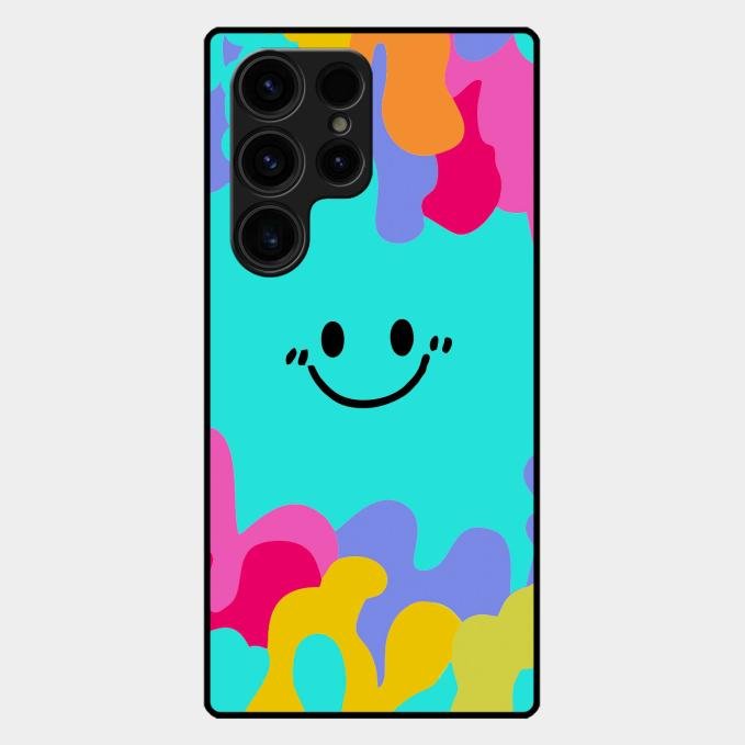 Cute Blue Smiley Multicolor Glass Case For Samsung Galaxy S24 Ultra 5G