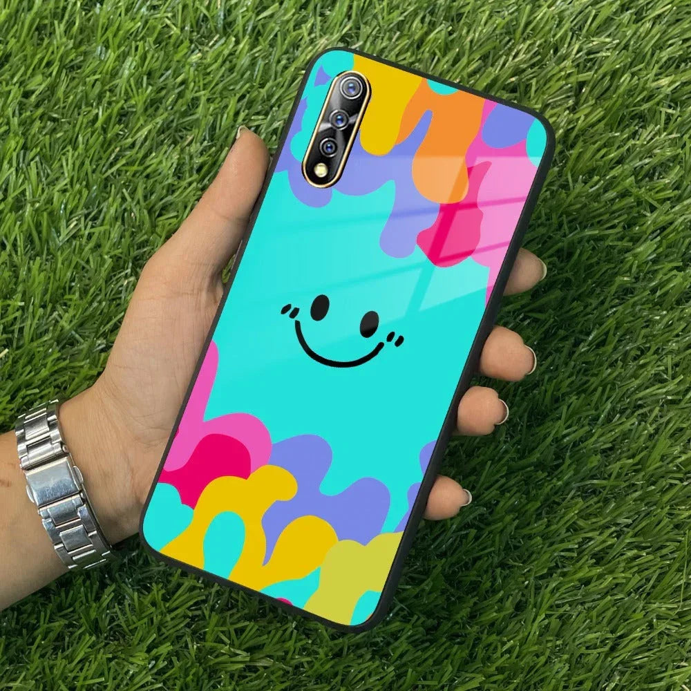 Cute Blue Smiley Multicolor Glass Case For Vivo - ShopOnCliQ