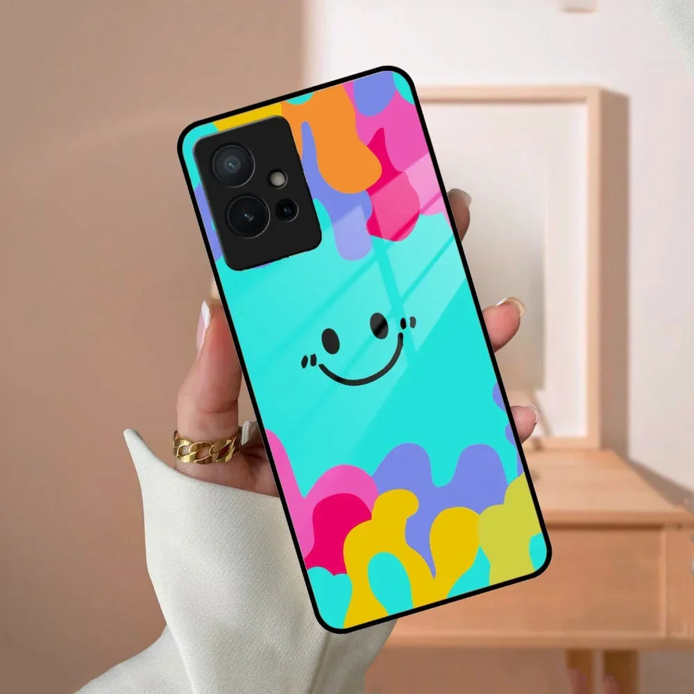 Cute Blue Smiley Multicolor Glass Case For Vivo - ShopOnCliQ