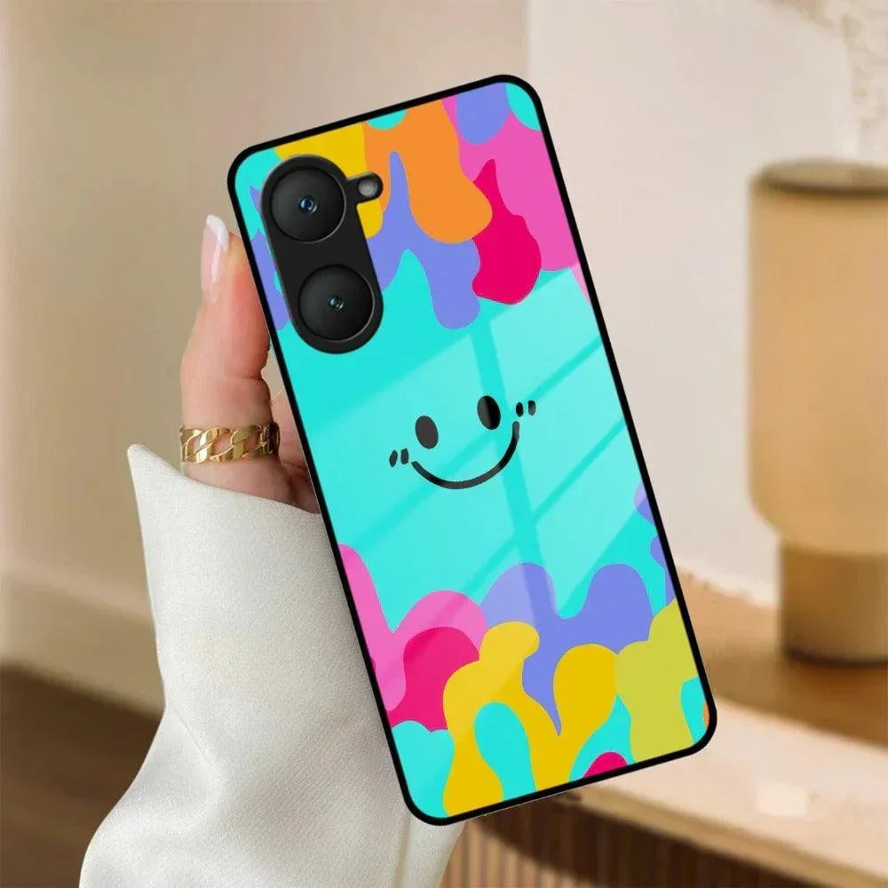 Cute Blue Smiley Multicolor Glass Case For Vivo - ShopOnCliQ