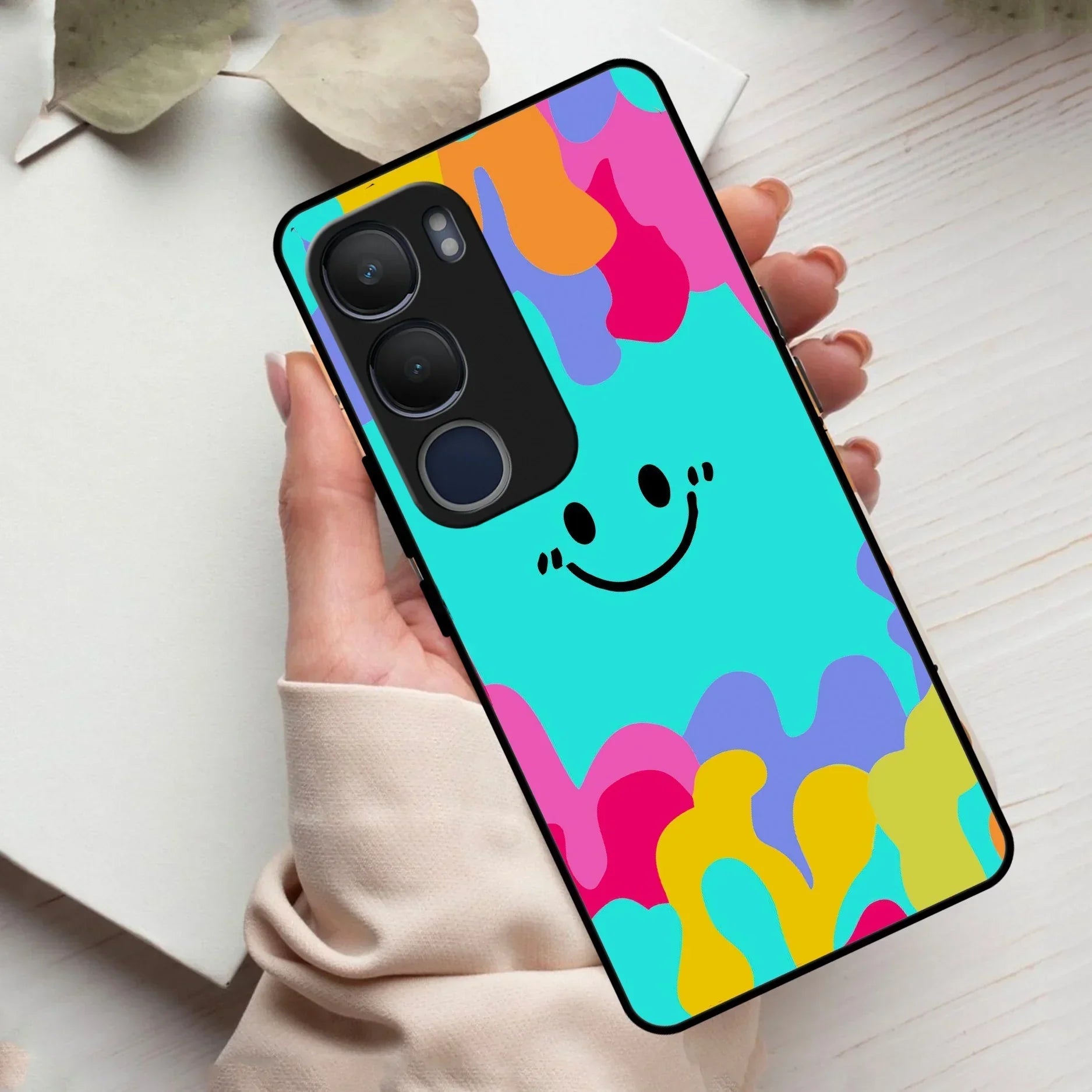Cute Blue Smiley Multicolor Glass Case For Vivo - ShopOnCliQ
