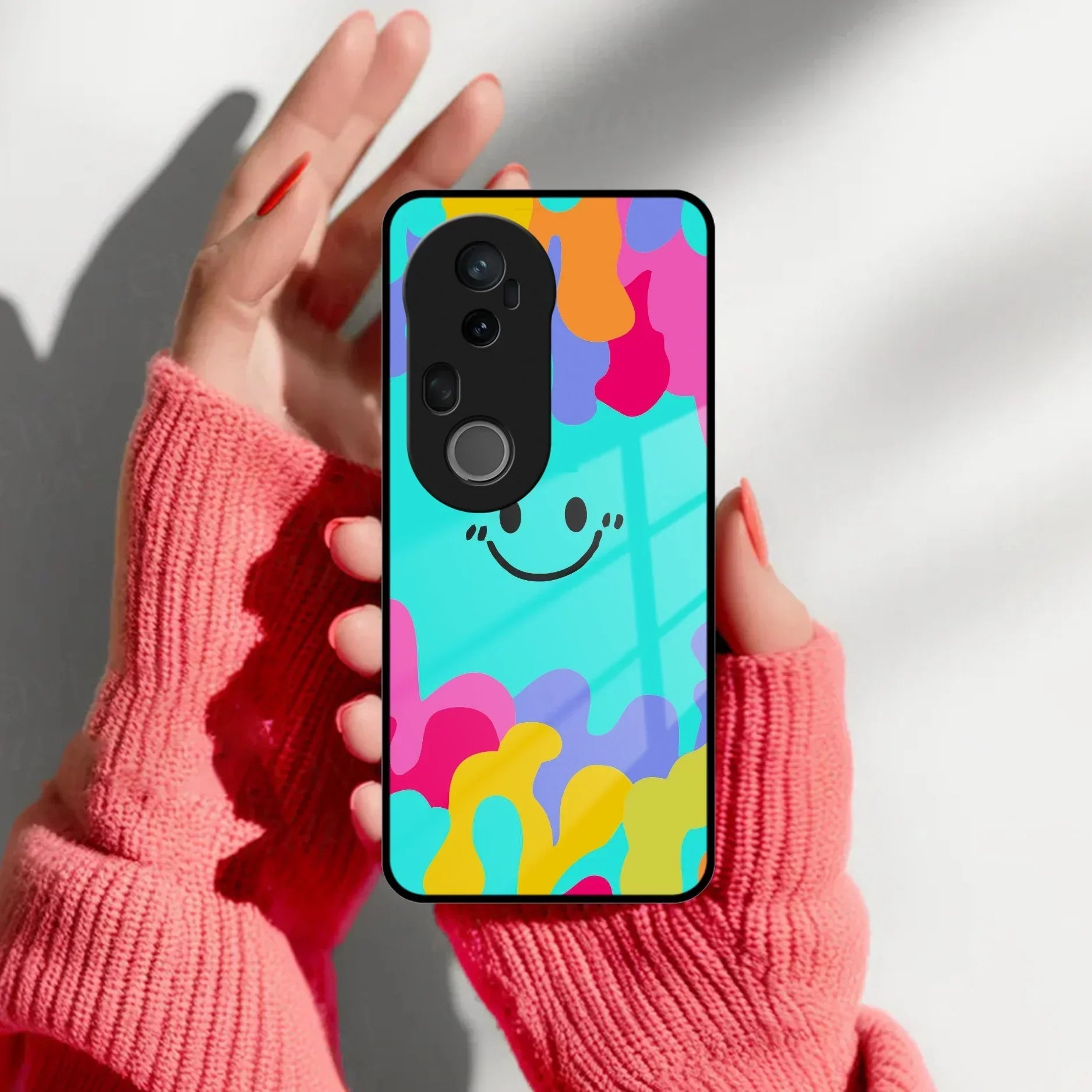 Cute Blue Smiley Multicolor Glass Case For Vivo - ShopOnCliQ