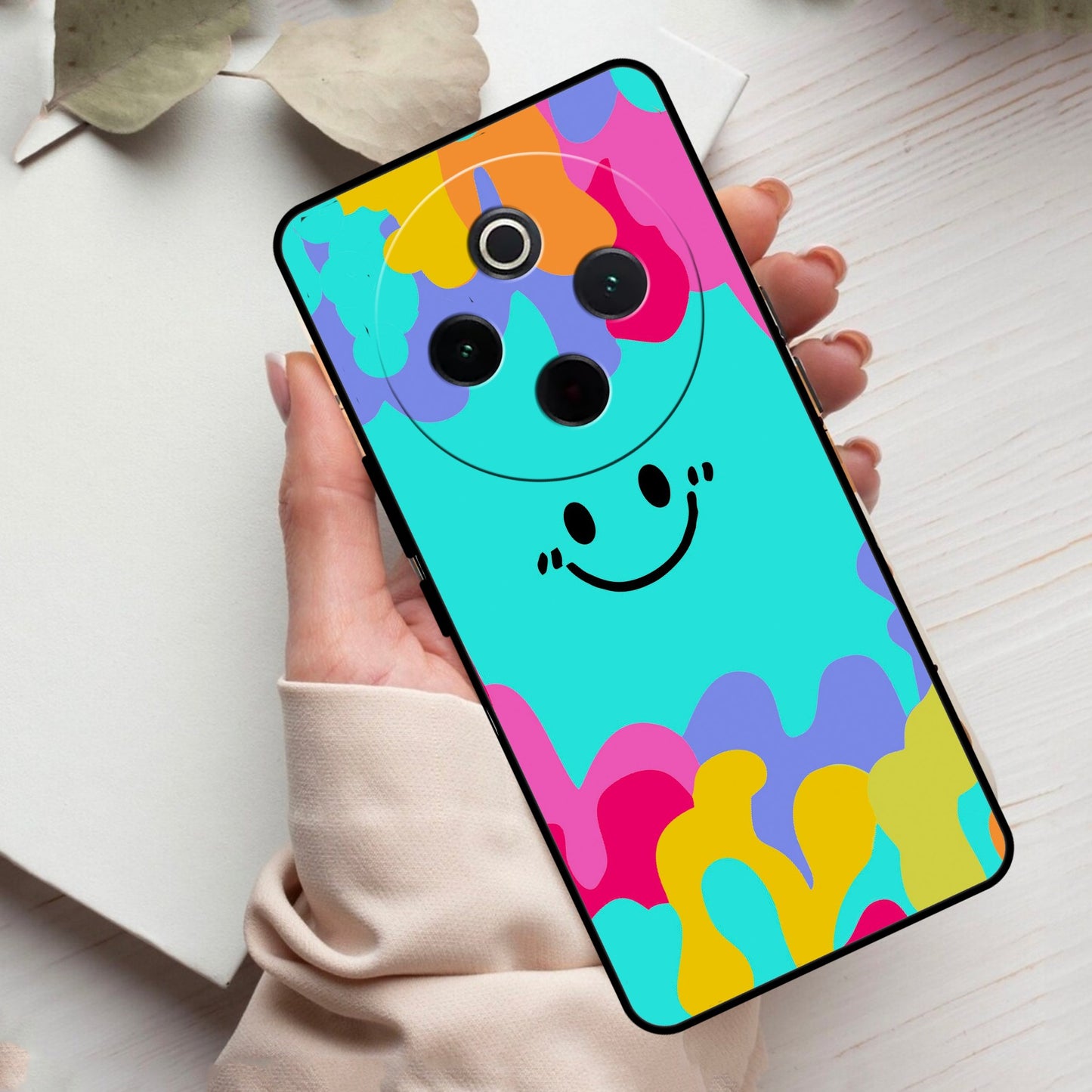 Cute Blue Smiley Multicolor Glass Case For Vivo