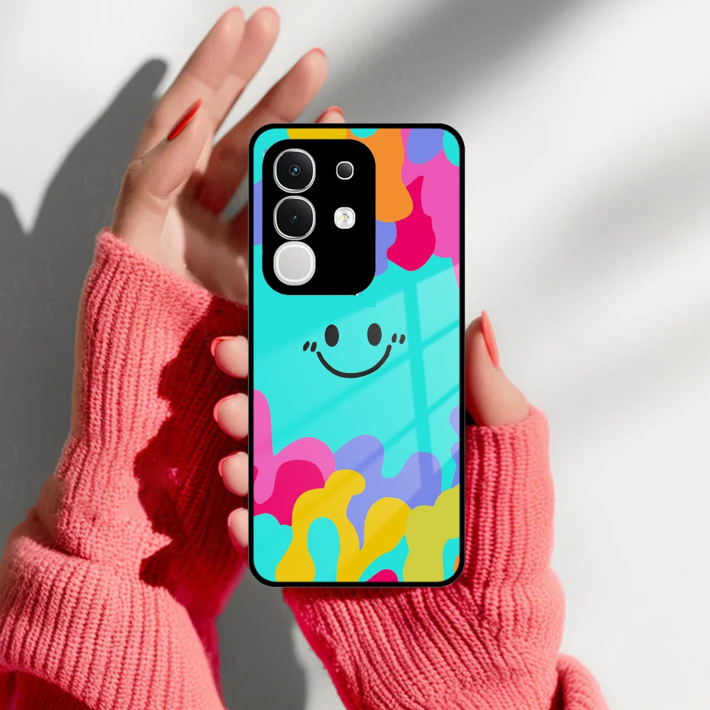 Cute Blue Smiley Multicolor Glass Case For Vivo