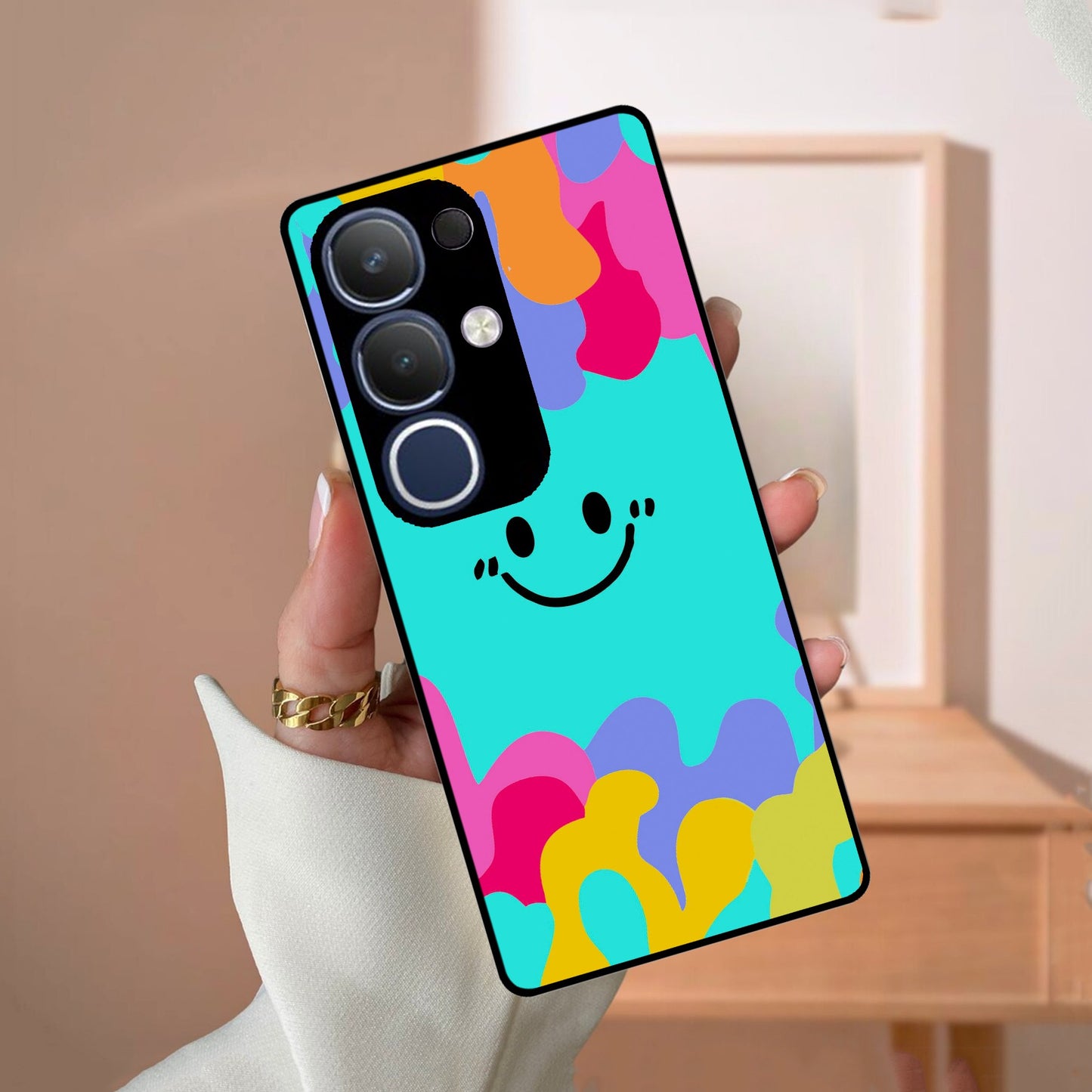 Cute Blue Smiley Multicolor Glass Case For Vivo