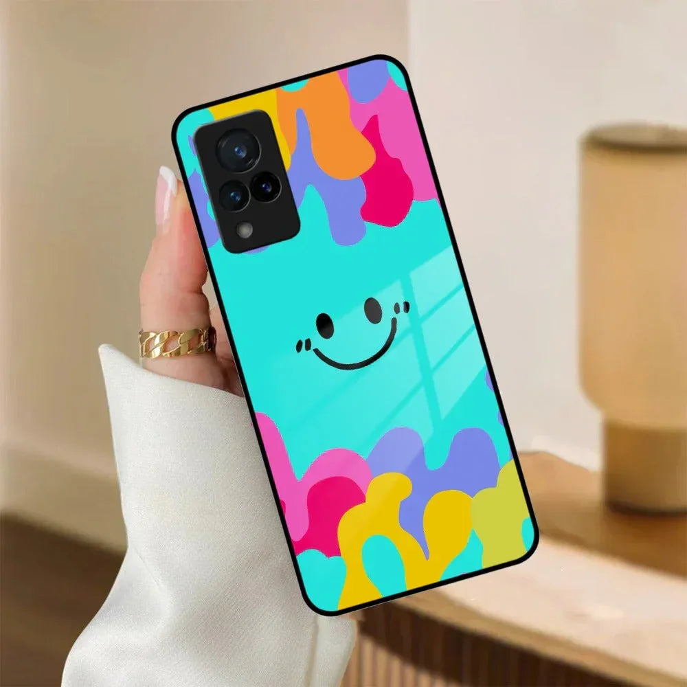 Cute Blue Smiley Multicolor Glass Case For Vivo - ShopOnCliQ