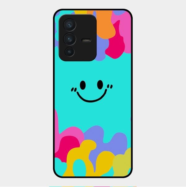 Cute Blue Smiley Multicolor Glass Case For Vivo V23 5G