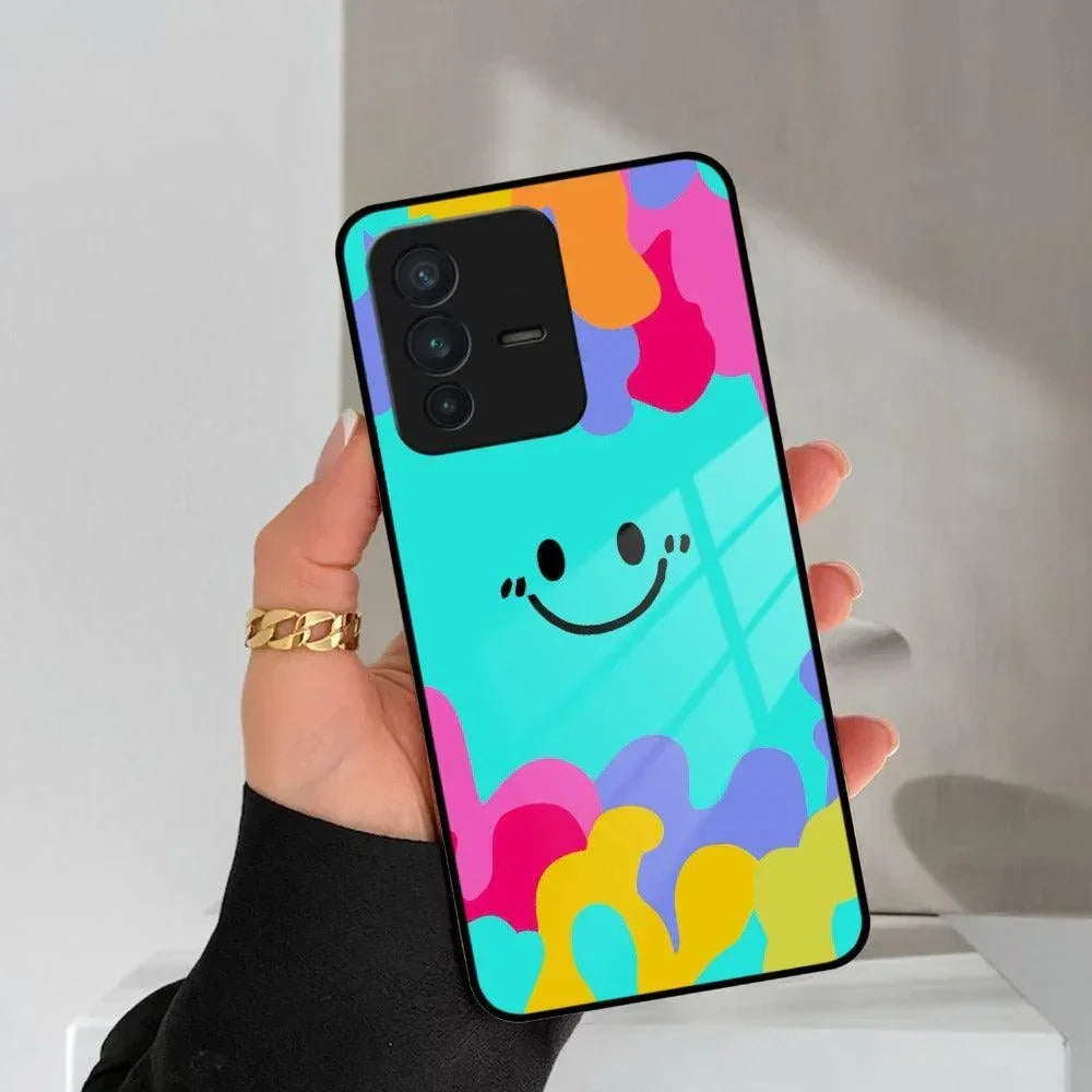 Cute Blue Smiley Multicolor Glass Case For Vivo - ShopOnCliQ