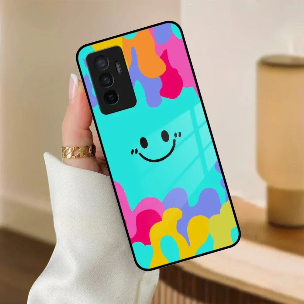 Cute Blue Smiley Multicolor Glass Case For Vivo - ShopOnCliQ