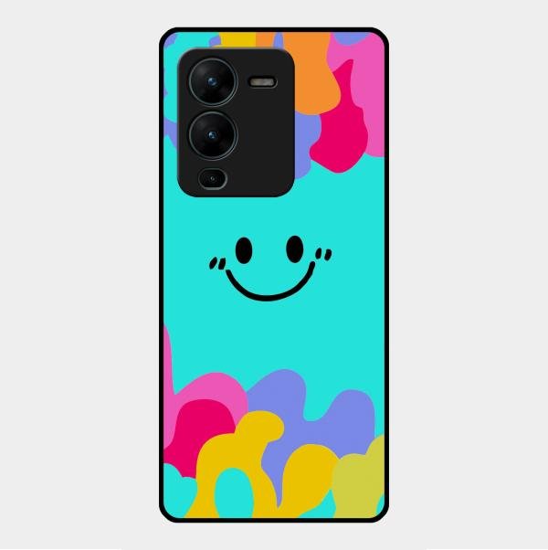 Cute Blue Smiley Multicolor Glass Case For Vivo V25 Pro 5G