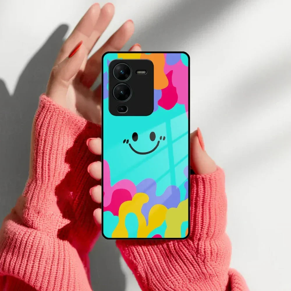 Cute Blue Smiley Multicolor Glass Case For Vivo - ShopOnCliQ