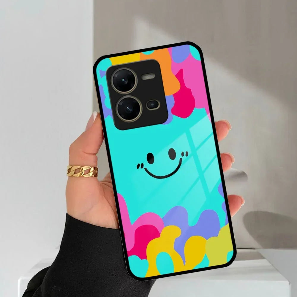Cute Blue Smiley Multicolor Glass Case For Vivo - ShopOnCliQ