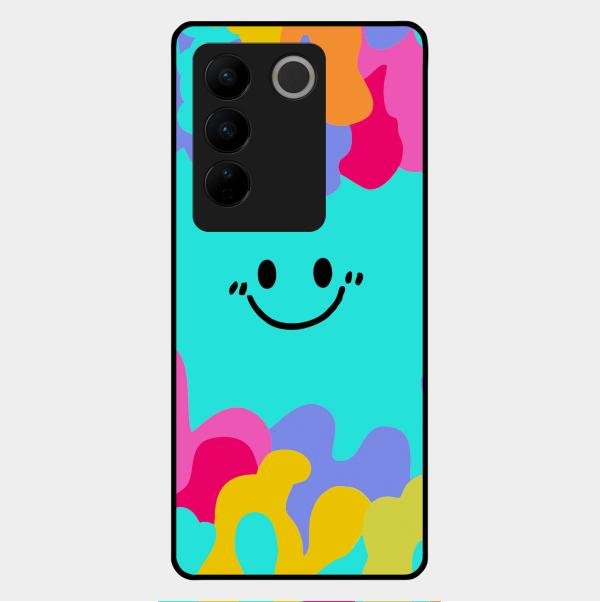 Cute Blue Smiley Multicolor Glass Case For Vivo V27 Pro 5G