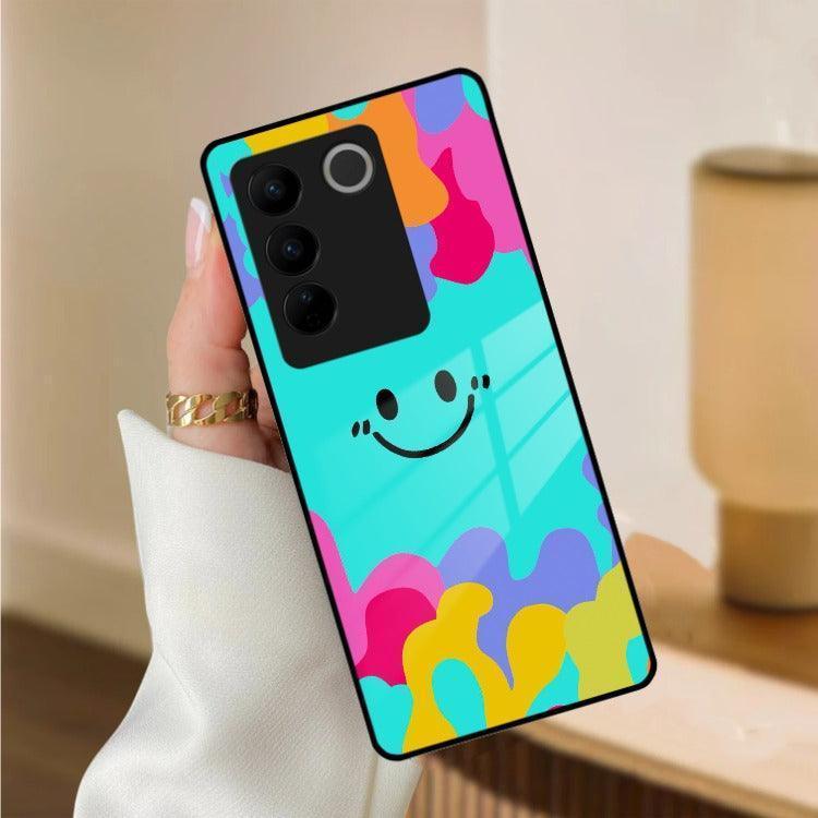 Cute Blue Smiley Multicolor Glass Case For Vivo - ShopOnCliQ