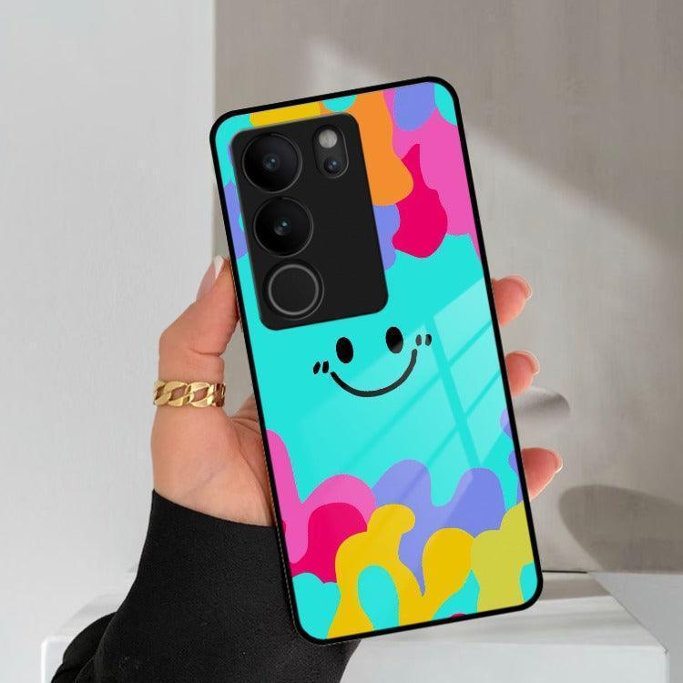 Cute Blue Smiley Multicolor Glass Case For Vivo - ShopOnCliQ