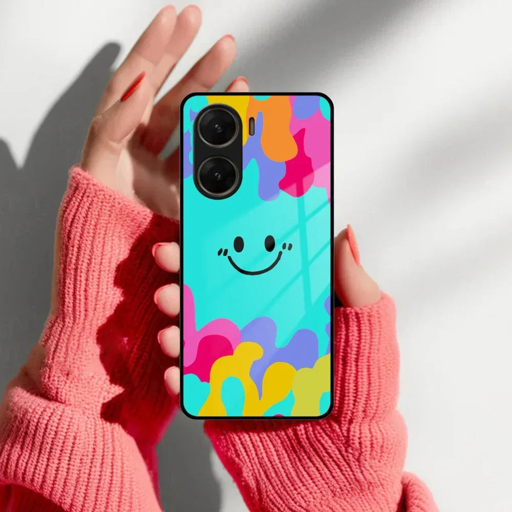 Cute Blue Smiley Multicolor Glass Case For Vivo - ShopOnCliQ