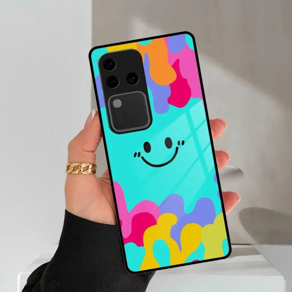 Cute Blue Smiley Multicolor Glass Case For Vivo - ShopOnCliQ