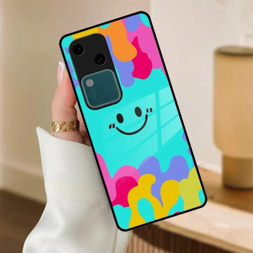 Cute Blue Smiley Multicolor Glass Case For Vivo - ShopOnCliQ