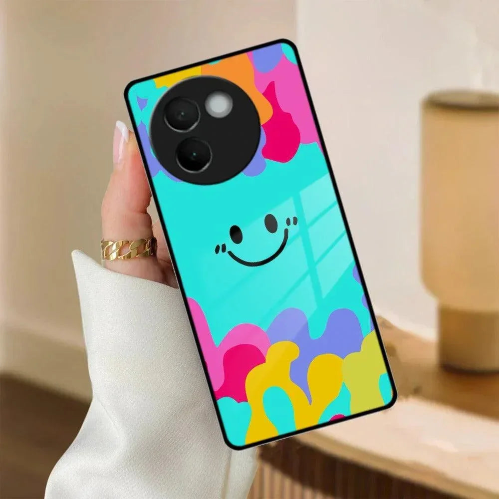 Cute Blue Smiley Multicolor Glass Case For Vivo - ShopOnCliQ