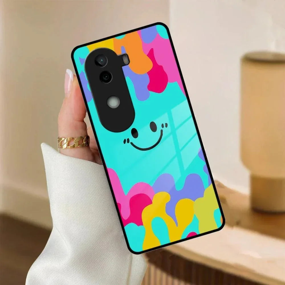 Cute Blue Smiley Multicolor Glass Case For Vivo - ShopOnCliQ