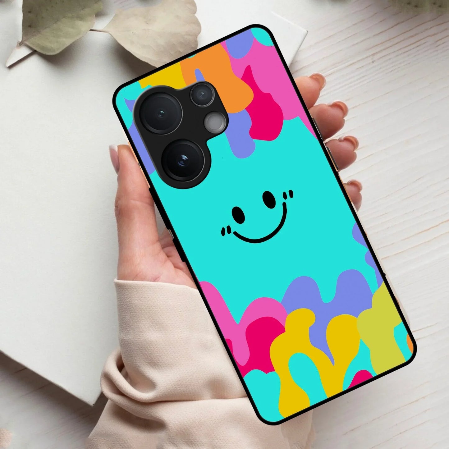 Cute Blue Smiley Multicolor Glass Case For Vivo - ShopOnCliQ