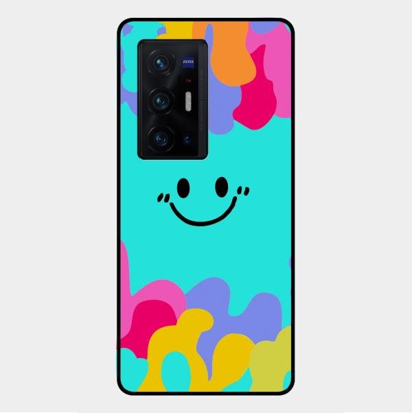 Cute Blue Smiley Multicolor Glass Case For Vivo X70 Pro Plus 5G