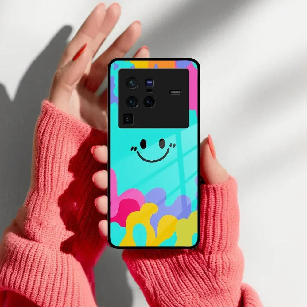 Cute Blue Smiley Multicolor Glass Case For Vivo - ShopOnCliQ