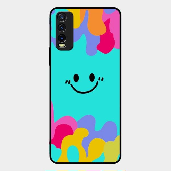 Cute Blue Smiley Multicolor Glass Case For Vivo Y12G