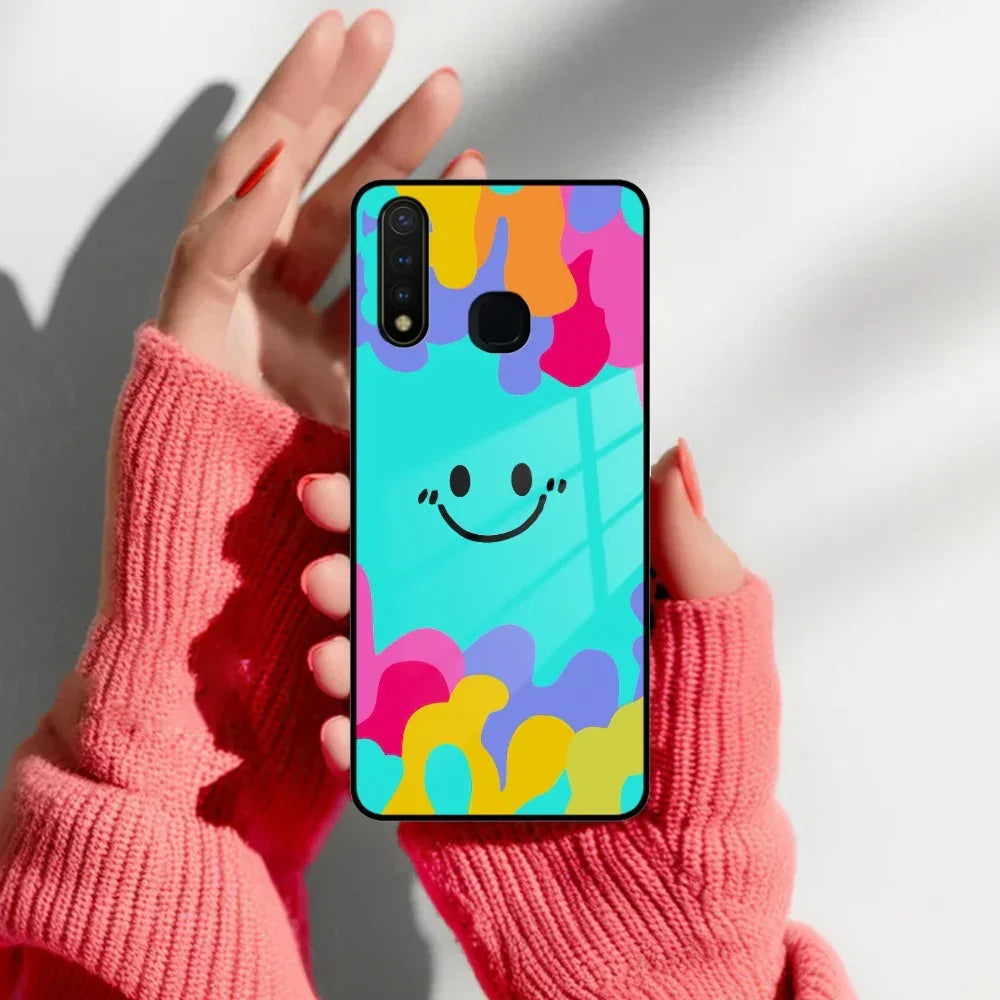 Cute Blue Smiley Multicolor Glass Case For Vivo - ShopOnCliQ