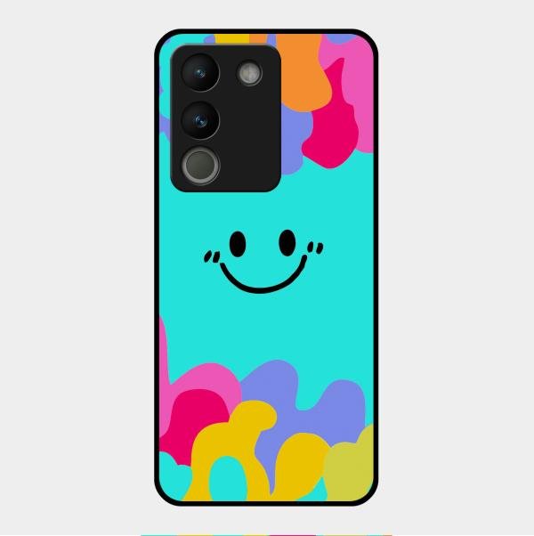 Cute Blue Smiley Multicolor Glass Case For Vivo Y200 5G