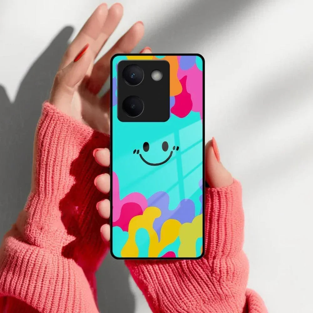 Cute Blue Smiley Multicolor Glass Case For Vivo - ShopOnCliQ