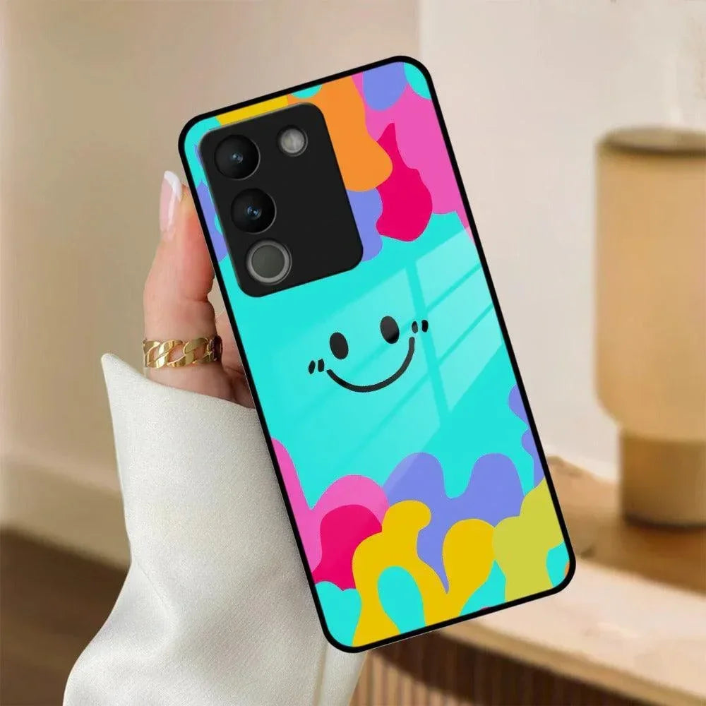 Cute Blue Smiley Multicolor Glass Case For Vivo - ShopOnCliQ
