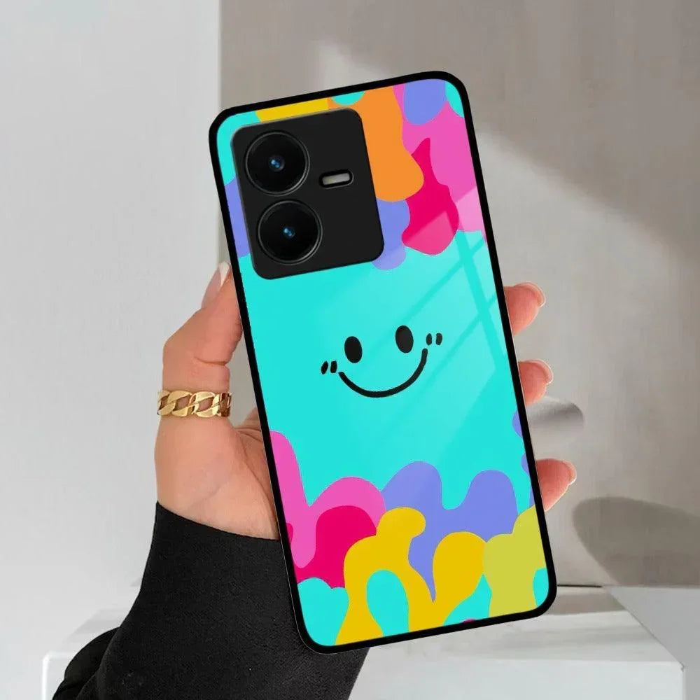 Cute Blue Smiley Multicolor Glass Case For Vivo - ShopOnCliQ