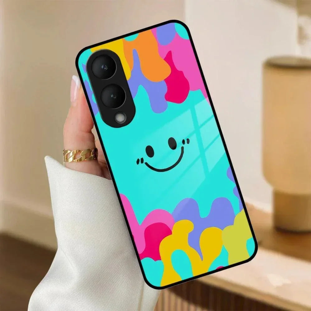 Cute Blue Smiley Multicolor Glass Case For Vivo - ShopOnCliQ