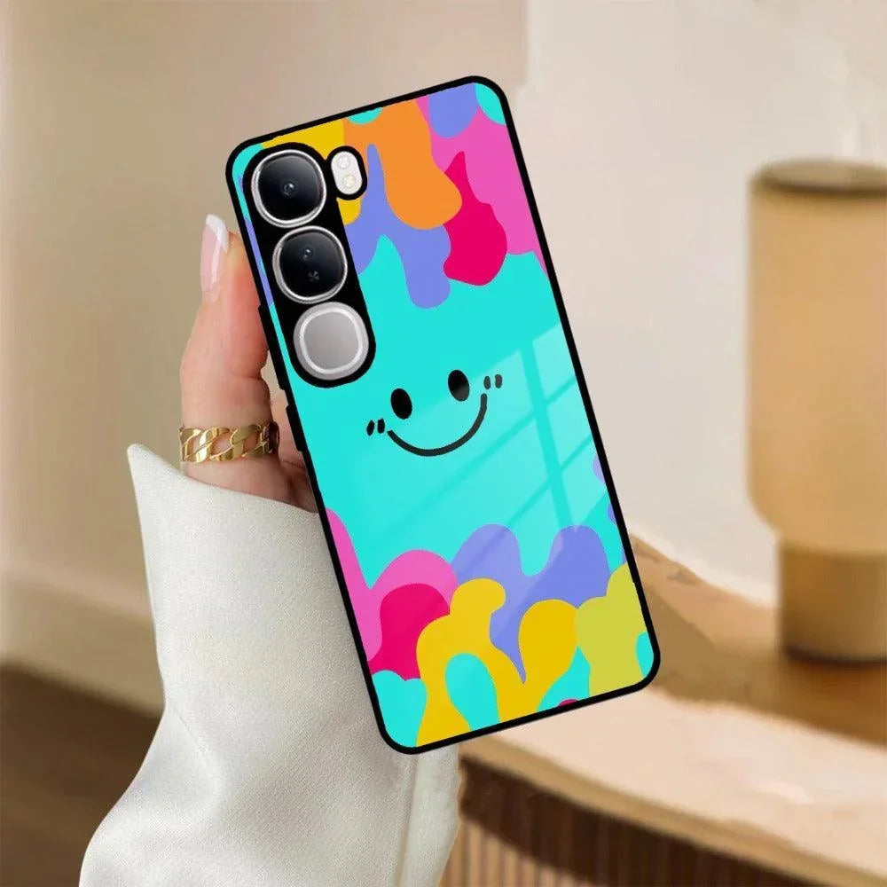 Cute Blue Smiley Multicolor Glass Case For Vivo - ShopOnCliQ