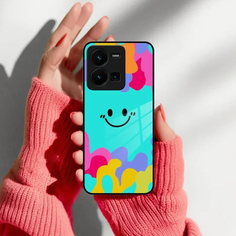 Cute Blue Smiley Multicolor Glass Case For Vivo - ShopOnCliQ