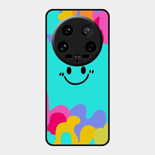 Cute Blue Smiley Multicolor Glass Case For Xiaomi 14 Ultra