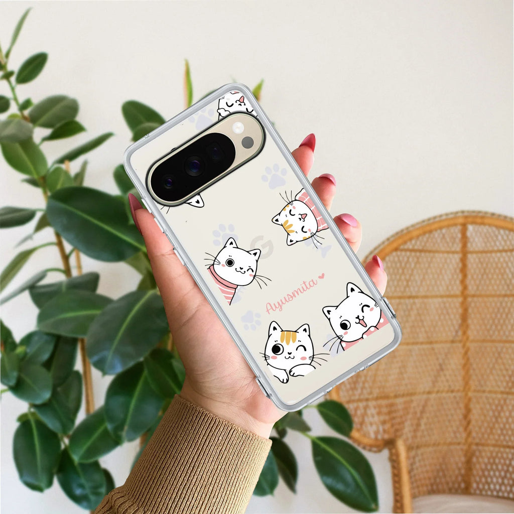 Cute Cat Customize Transparent Silicon Case For Google Pixel 10 Pro