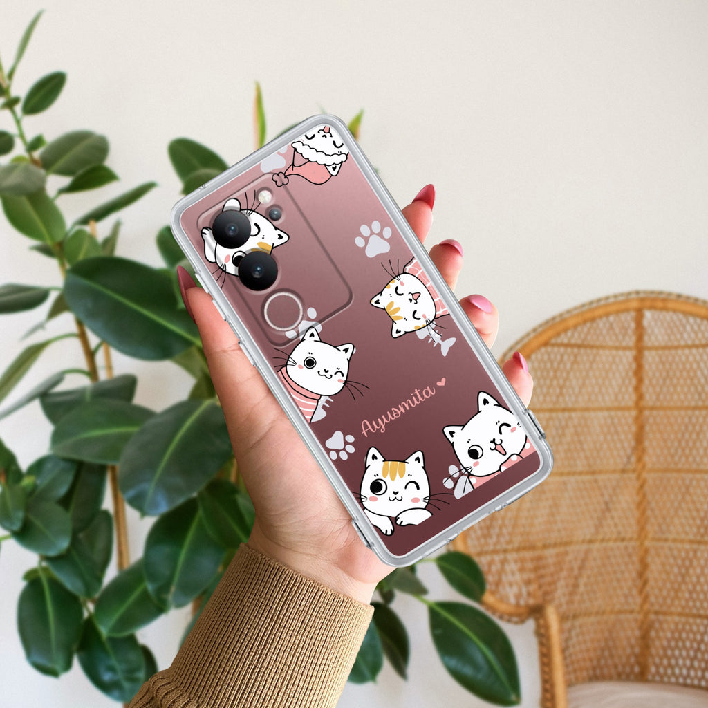 Cute Cat Customize Transparent Silicon Case For Vivo V29 5G