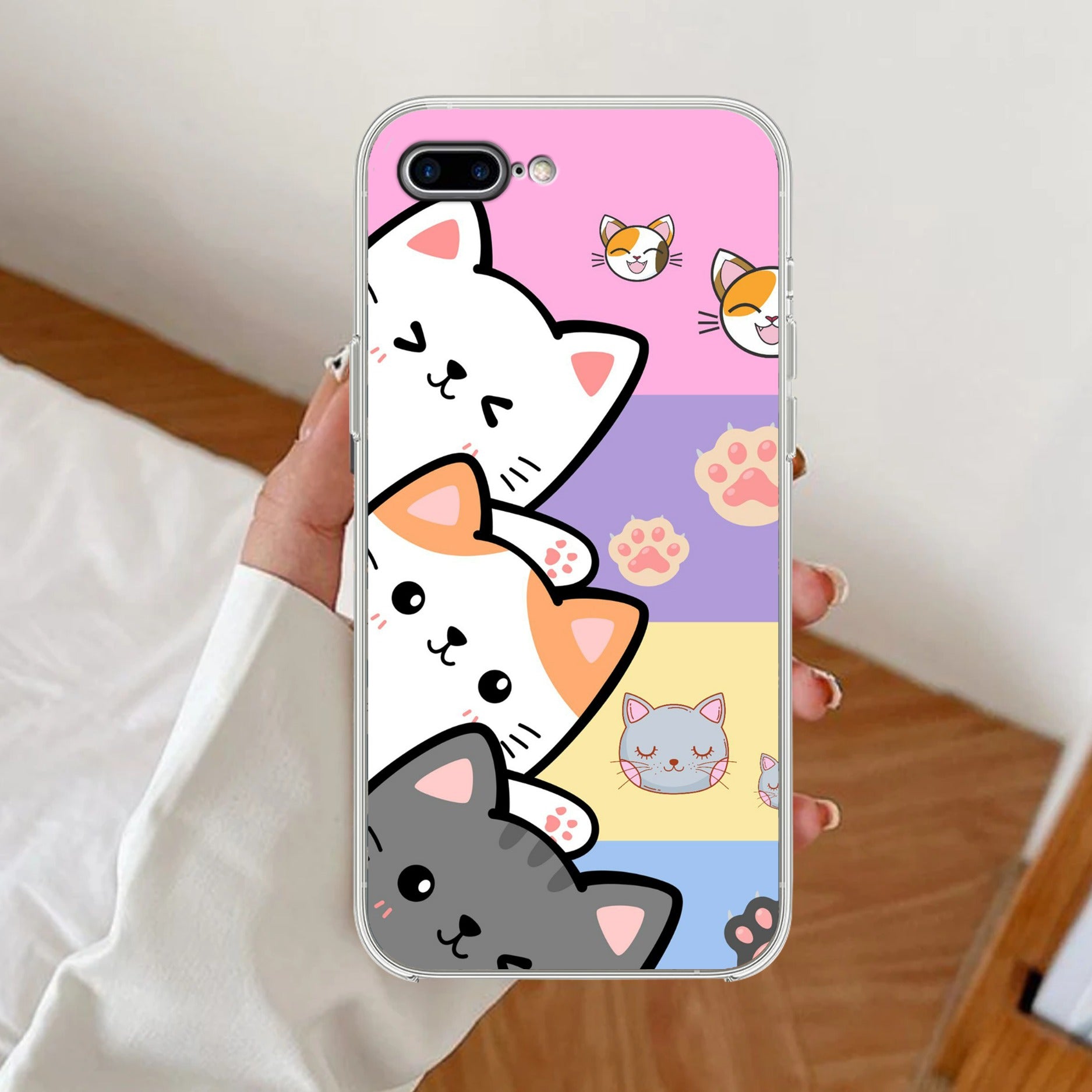 Cute Cat Anti Yellow Clear Case For iPhone 7 Plus / iPhone 8 Plus