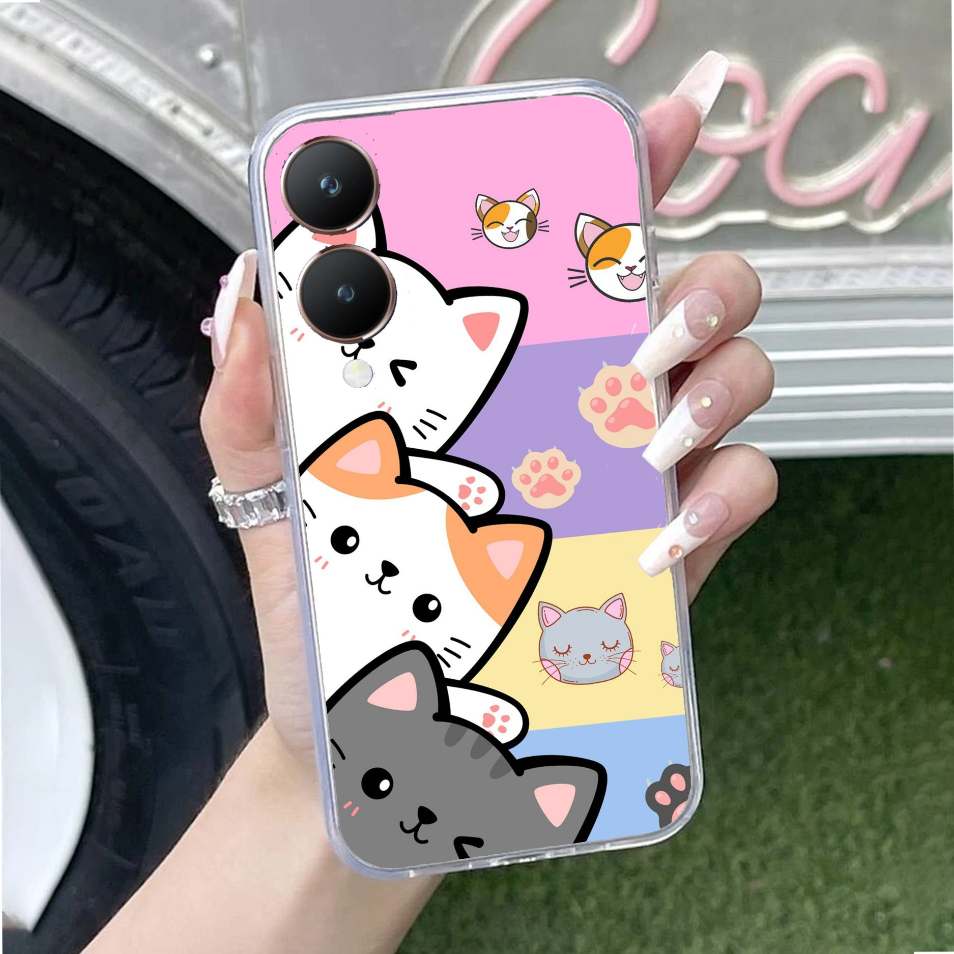 Cute Cat Transparent Silicon Case For Vivo Y28 5G