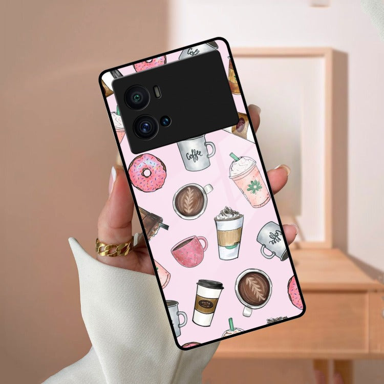 Cute Coffee Snacks Glass Case Cover For iQOO