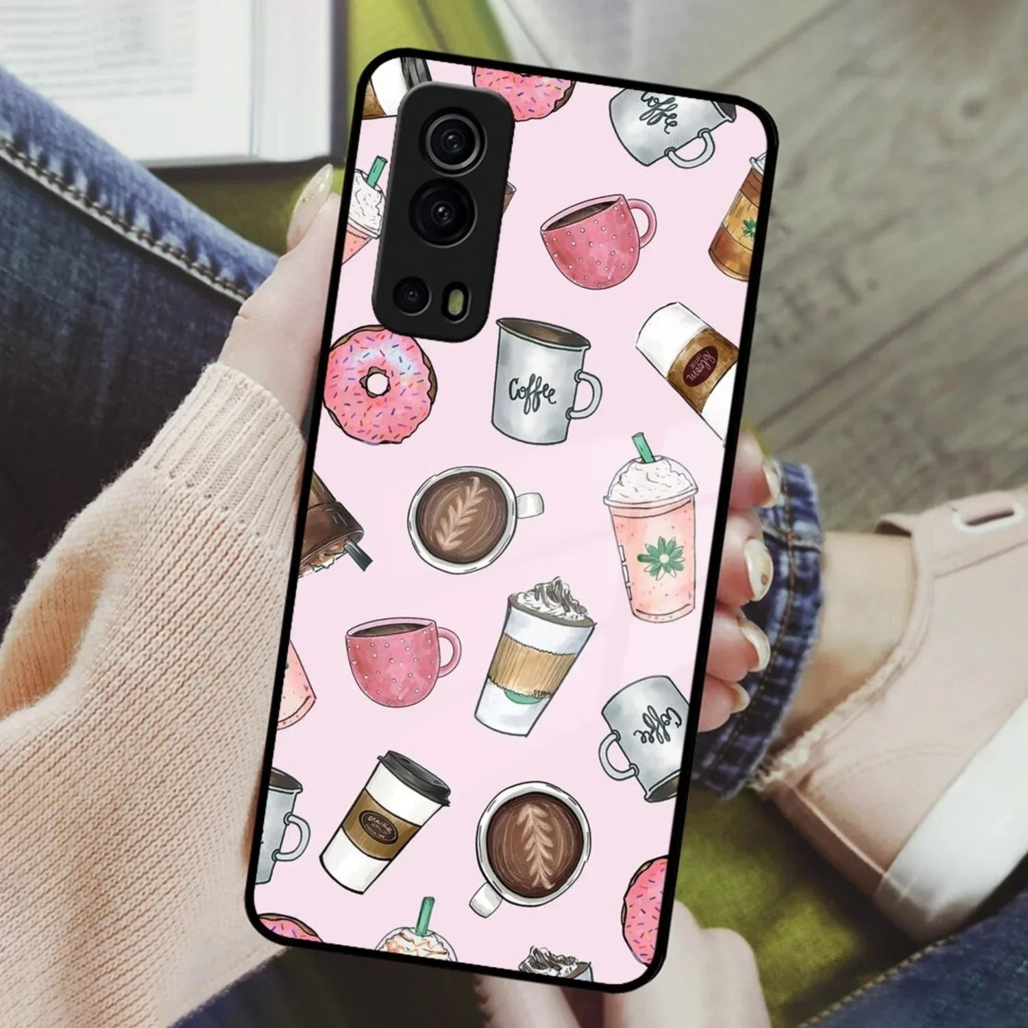 Cute Coffee Snacks Glass Case Cover For iQOO - ShopOnCliQ