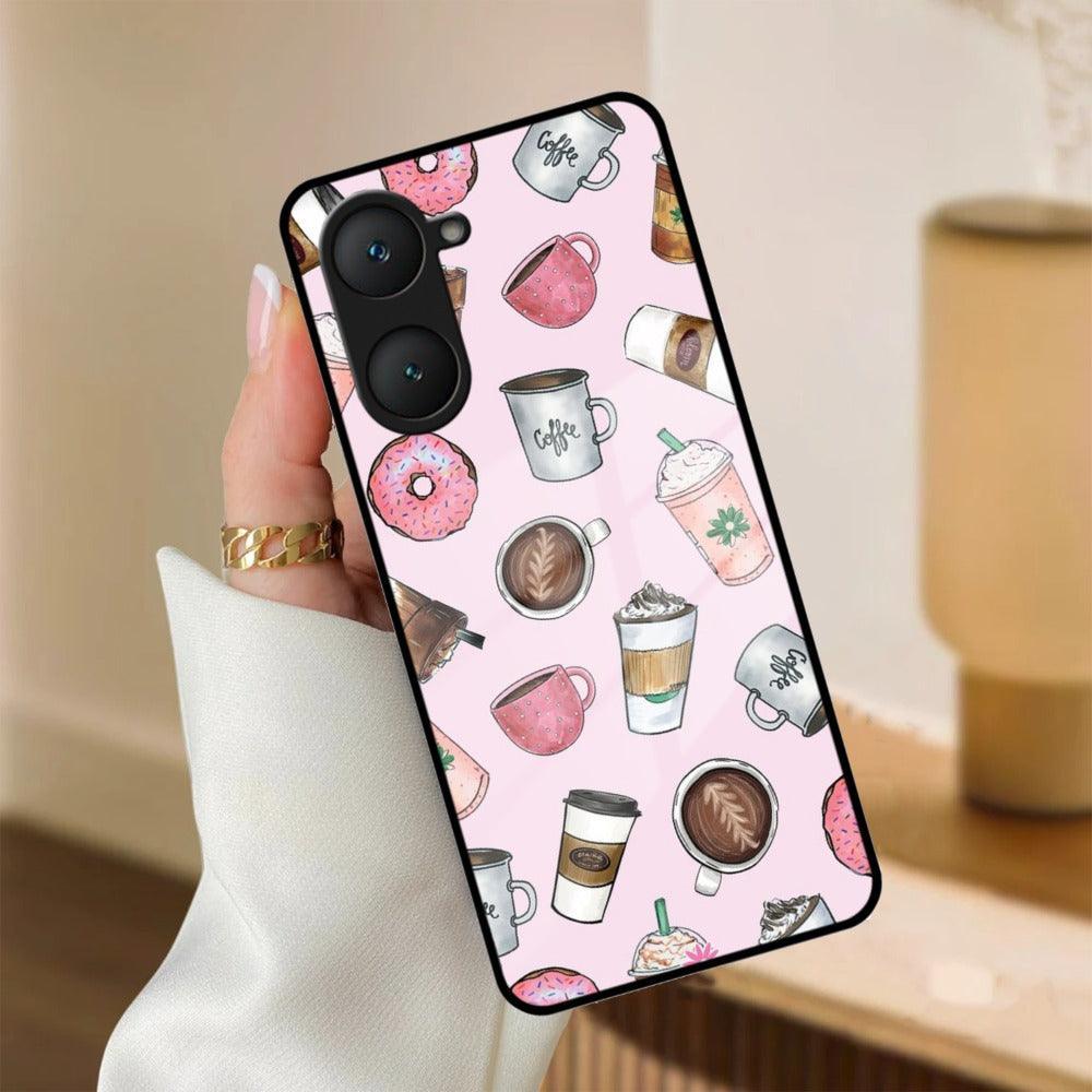 Cute Coffee Snacks Glass Case Cover For iQOO
