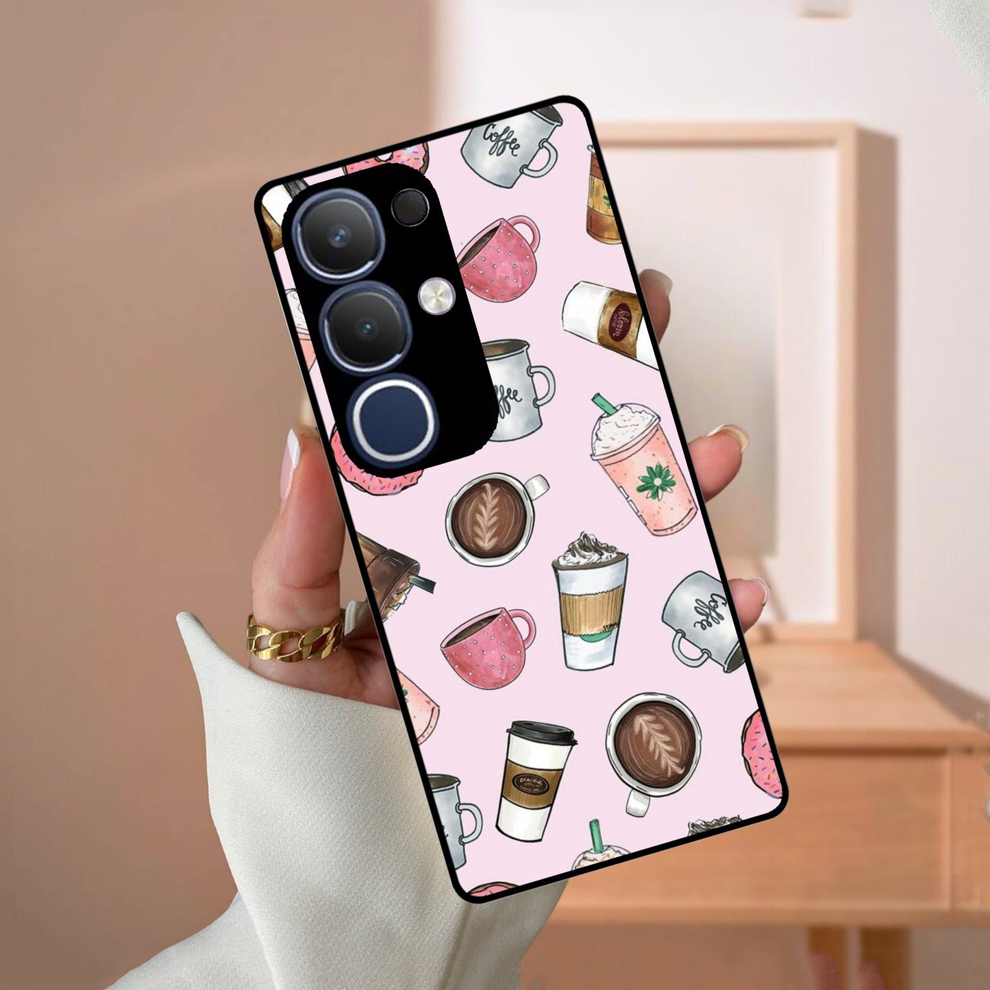 Cute Coffee Snacks Glass Case Cover For Vivo
