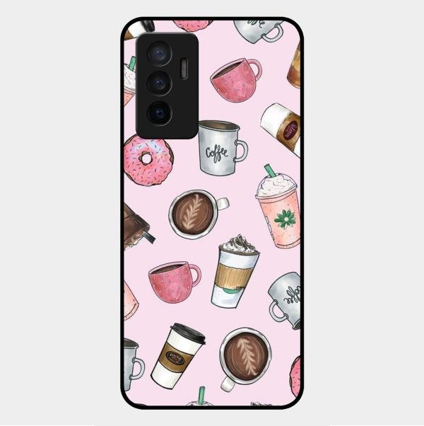 Cute Coffee Snacks Glass Case Cover For Vivo V23E 5G