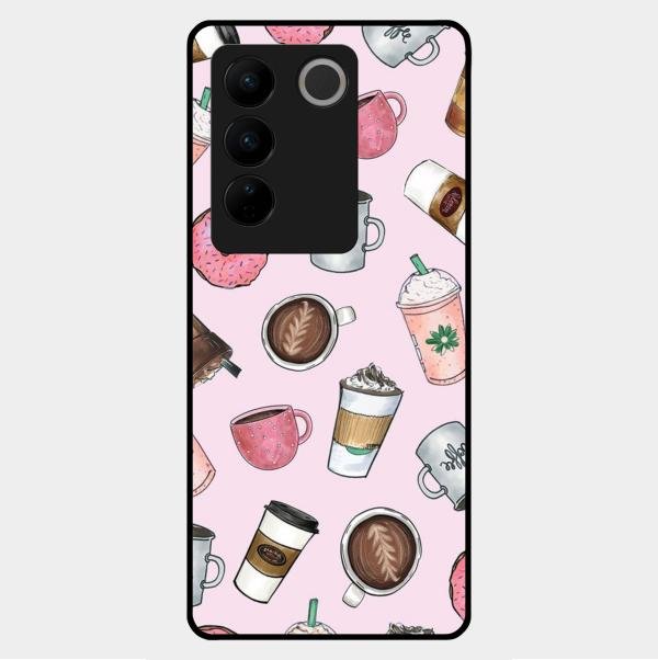Cute Coffee Snacks Glass Case Cover For Vivo V27 5G