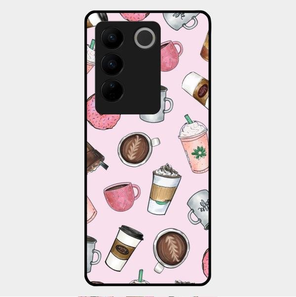 Cute Coffee Snacks Glass Case Cover For Vivo V27 Pro 5G