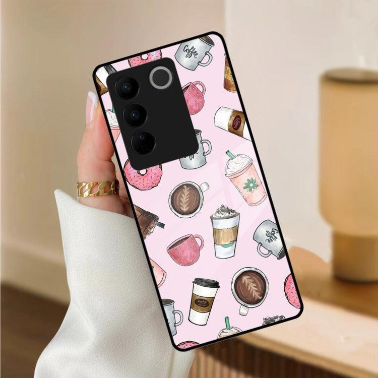 Cute Coffee Snacks Glass Case Cover For Vivo - ShopOnCliQ